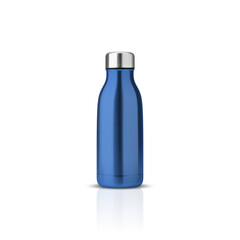 Vector Realistic 3d Blue Blank Glossy Metal Reusable Water Bottle with Silver Bung Closeup Isolated on White Background. Design template of Packaging Mockup. Front View