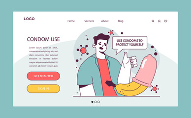 World AiDs day web banner or landing page. Man using a condom. HIV