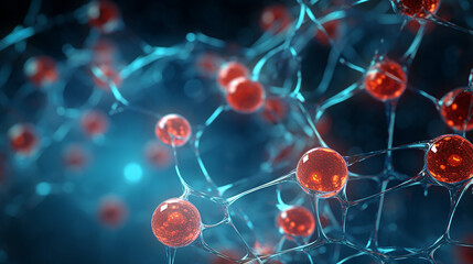 Cells and biological chains, molecules and abstract concept on blue navy background - obrazy, fototapety, plakaty