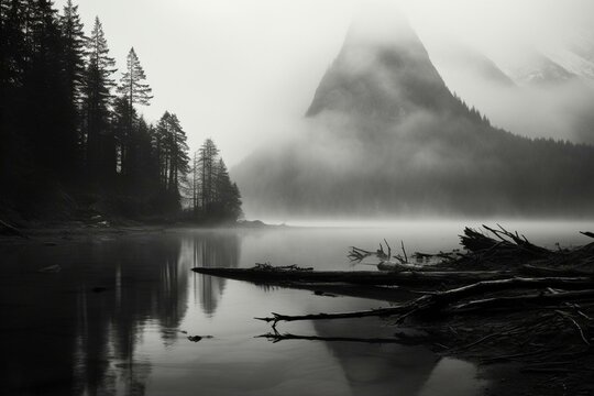 Misty peak and lake amid desolate surroundings, crafted with innovation. Generative AI