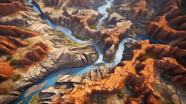 aerial view of a canyon with winding hiking trails and colorful rock formations generative ai