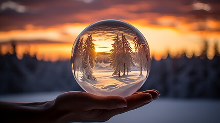 reflective globe with amazing winter refection