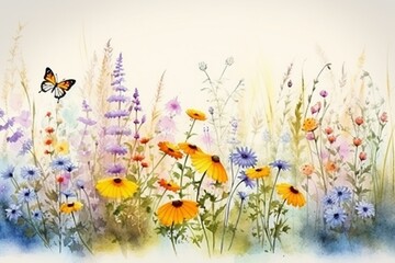 Watercolor artwork of wildflowers, herbs, and butterfly in a panoramic horizontal illustration representing an autumn meadow. Ideal for cards, borders, banners, or designs. Generative AI