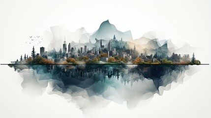 AI-generated illustration of a tree-filled city on a foggy day. MidJourney. - obrazy, fototapety, plakaty