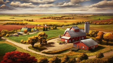 aerial view of a rural farm with fields of crops and a red barn nestled in the landscape generative ai - obrazy, fototapety, plakaty
