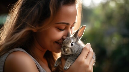 In a garden, a person enjoys a moment of connection with their pet rabbit, exemplifying the gentleness and love shared between them.