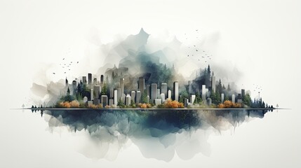 AI-generated illustration of a tree-filled city on a foggy day. MidJourney.