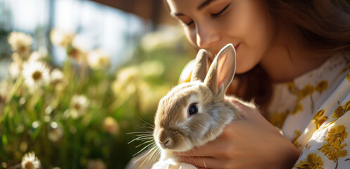 In a garden, a person enjoys a moment of connection with their pet rabbit, exemplifying the gentleness and love shared between them.