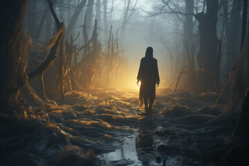 Fototapeta premium A translucent, ghostly figure walking through a forest at twilight. Concept of apparitions. Generative Ai.