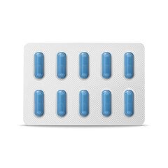 Vector Realistic Pharmaceutical Medical Blue Pills, Vitamins, Capsule in Blister Closeup Isolated. Pills in Blister Packaging Design Template. Front View. Medicine, Health Concept