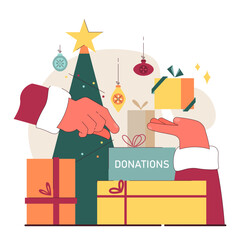 Christmas charity. Volunteers gathering holiday donations to help needy people - obrazy, fototapety, plakaty