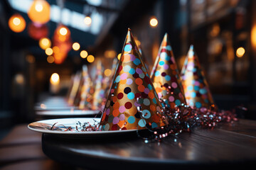 A close-up of colorful party hats and noisemakers on a table, ready to be worn and used for New Year festivities. Generative Ai. - obrazy, fototapety, plakaty
