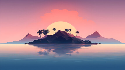 Fototapeta na wymiar Sunset over the mountains, image of a serene island at dusk, Island Dusk in Minimal Form