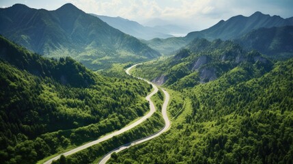 aerial perspective from a winding mountain road with lush vegetation on a sunny day generative ai - obrazy, fototapety, plakaty