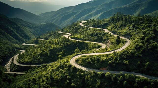 aerial perspective from a winding mountain road with lush vegetation on a sunny day generative ai