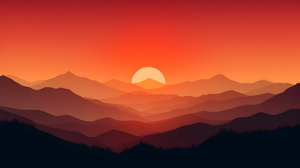Sunset in the mountains, A high-contrast, minimalist shot of a serene sunset over a mountain, Mountain Sunset in Minimal Aesthetics