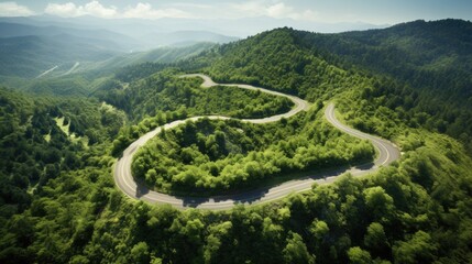 aerial perspective from a winding mountain road with lush vegetation on a sunny day generative ai
