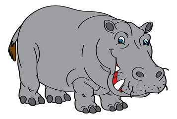 cartoon scene with hippo hippopotamus happy playing fun sketch drawing isolated illustration for children