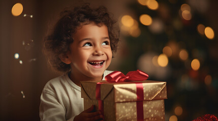 Fototapeta na wymiar happy kid opening christmas present