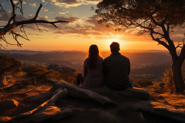 A couple sharing a tender moment as they watch the first sunrise of 2024 from a quiet hilltop,...