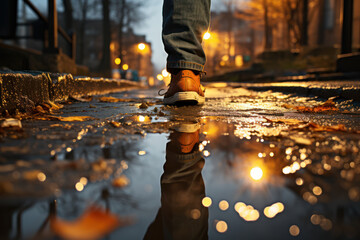 A person's reflection in a puddle on a rainy day, distorting their image and offering a different...