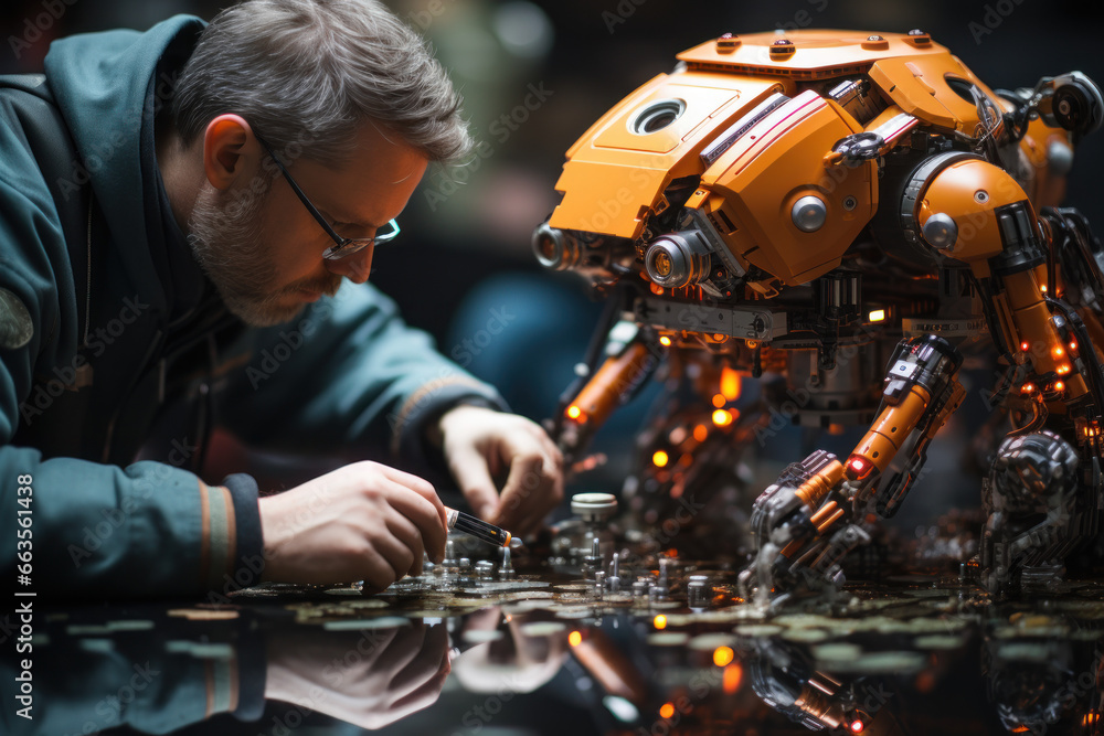 Poster micro-robots collaborating to construct and repair intricate machinery at the molecular level. gener