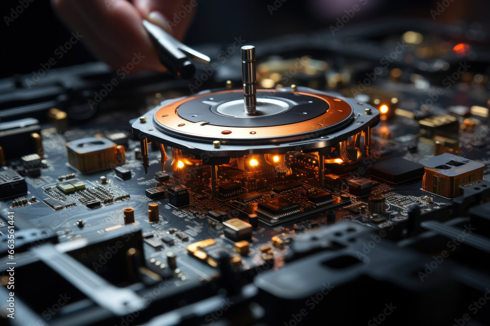 Poster nano-level automatons executing rapid and precise repairs on damaged electronic circuits. generative