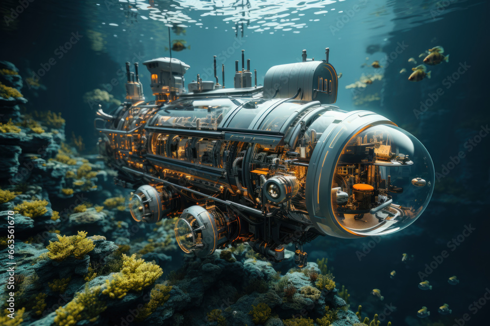 Poster swarm of nanoscopic machines constructing and repairing underwater structures. generative ai.