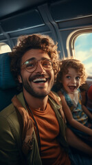 A family, father and children, inside the airplane, enjoying their trip travel