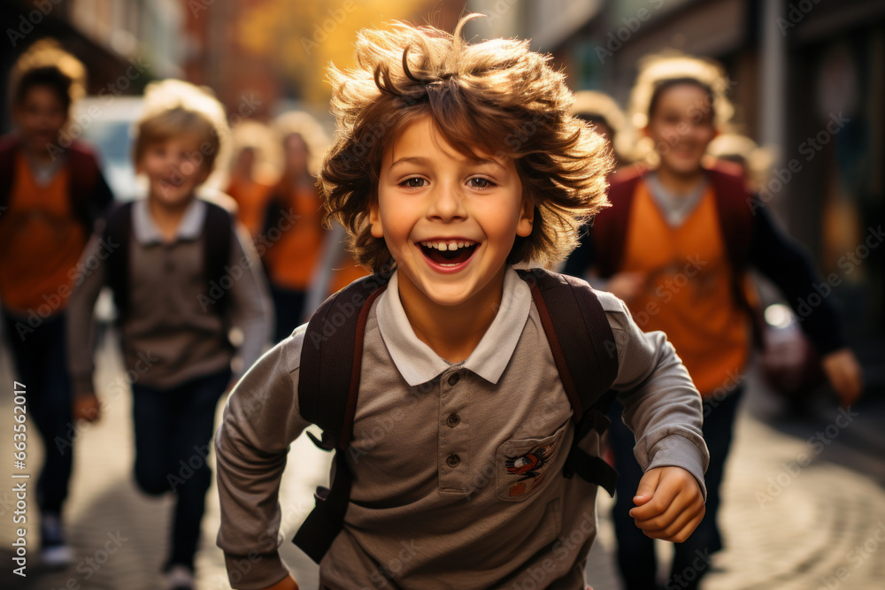 Poster a group of children engaged in a friendly game of tag during a school recess. concept of active play