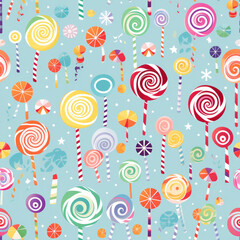Fototapeta premium Pastel candy seamless pattern with lollipops and doo-dads