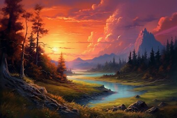 beautiful sunset landscape. Generative AI