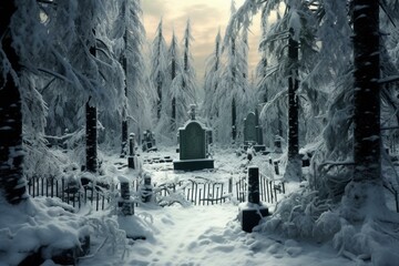 Emotional graveyard in wintry forest with snowy landscape. Conceptual and melancholic digital artwork. Generative AI