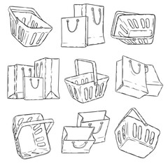 Vector shopping hand drawn bag set, gift box, shopping cart isolated on white
