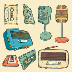 Vector set of retro vintage mic, audio cassette, radio isolated on white. Announcement, advertasind, music set