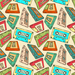 Retro audio cassette seamless pattern. 80s, 70s, 60s music sound tape, hand drawn vector colorful background