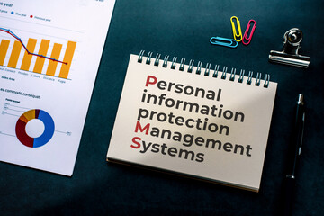 There is notebook with the word Personal information protection management systems. It is as an eye-catching image.