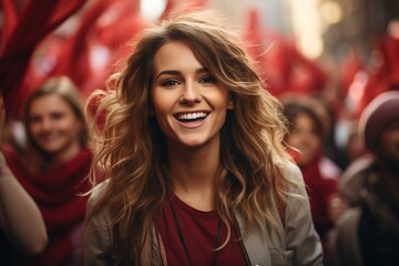 Beautiful woman among the crowds during the march. Ai generative