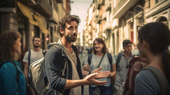 A guide shows tourists around the city. Ai generative