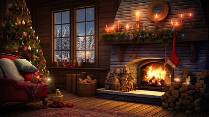 Naklejka premium A cozy, traditionally decorated room for Christmas. Ai generative