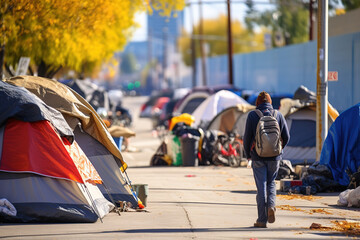 Homeless tents forming camps in the city center. Ai generative.