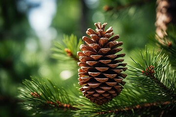 Fototapeta premium A pine cone with a blurred evergreen branch background