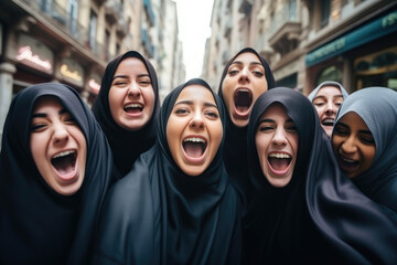 Group of laughing young middle eastern women wearing a hijab - obrazy, fototapety, plakaty