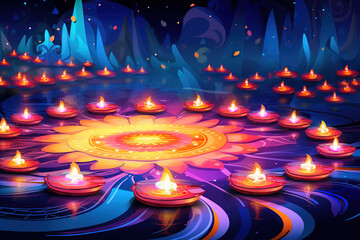 Illustration of Diwali festival Diya Lamp with rangoli at the bottom. Ai Generated.
