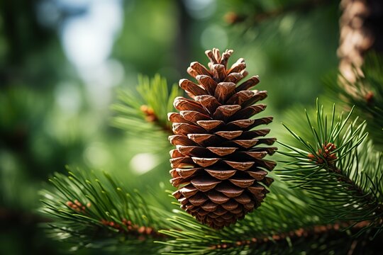 A pine cone with a blurred evergreen branch background