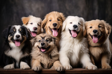 Little cute puppies lined up in a row. Ai generative - obrazy, fototapety, plakaty