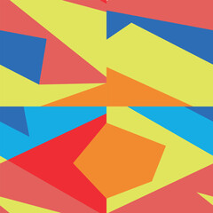Abstract pattern of geometric figures with primary colors, lines and rays in different directions.