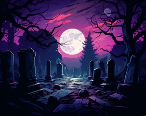 Halloween background with cemetery and full moon in purple colors vector illustration