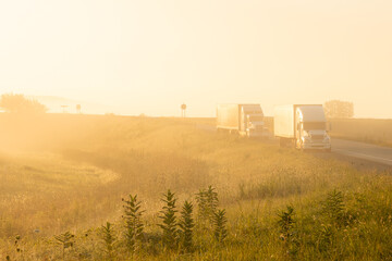 trucks on the road at fog