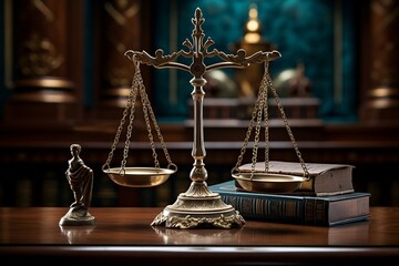 Courtroom decor of vintage balance scales symbolizing justice with two gavels nearby. Generative AI - obrazy, fototapety, plakaty